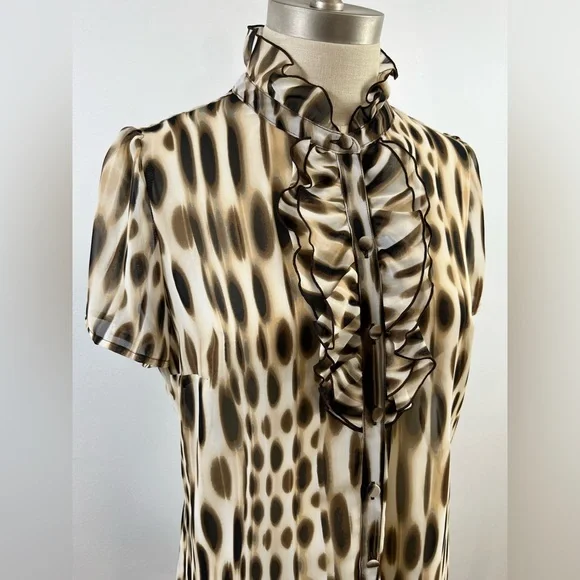East 5th Semi-Sheer Spotted Print Ruffled High Collar Blouse, sz. MD - Picture 4 of 13